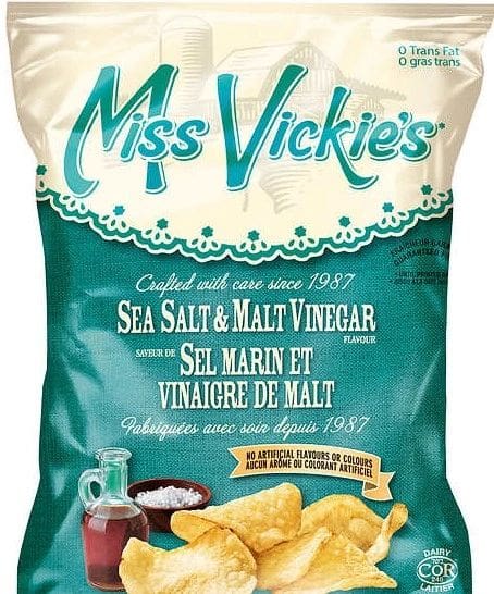 A bag of miss vickie 's sea salt and malt vinegar potato chips.