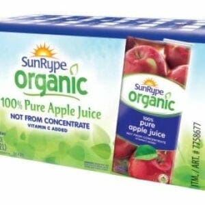 A box of sunrype organic apple juice.