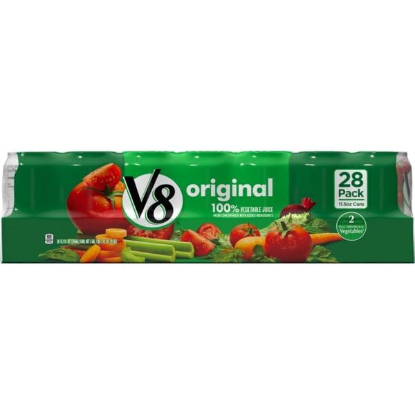 A carton of v 8 juice with vegetables on it.