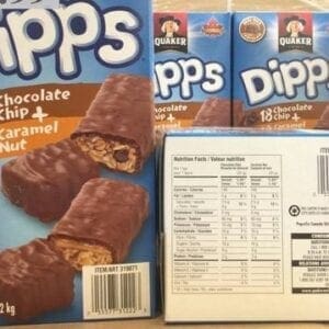 A box of chocolate chip and caramel nut dipps.