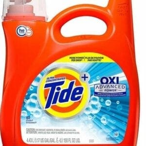 A bottle of tide detergent with oxi advanced power.