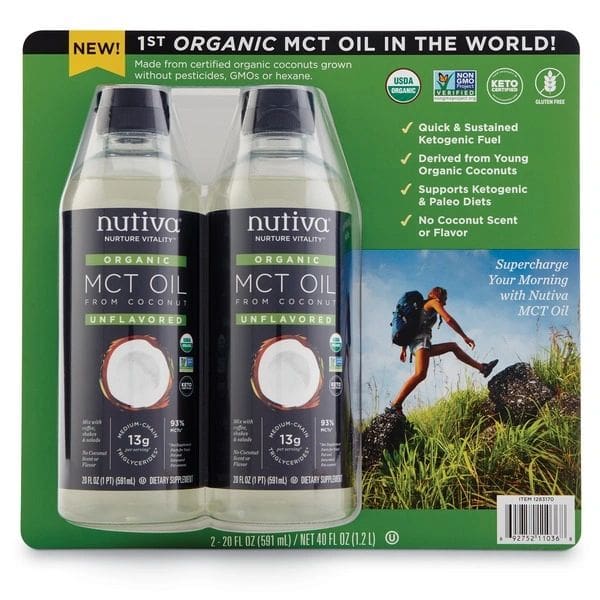 A package of two bottles of organic mct oil.