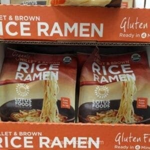 A display of rice ramen in a store.