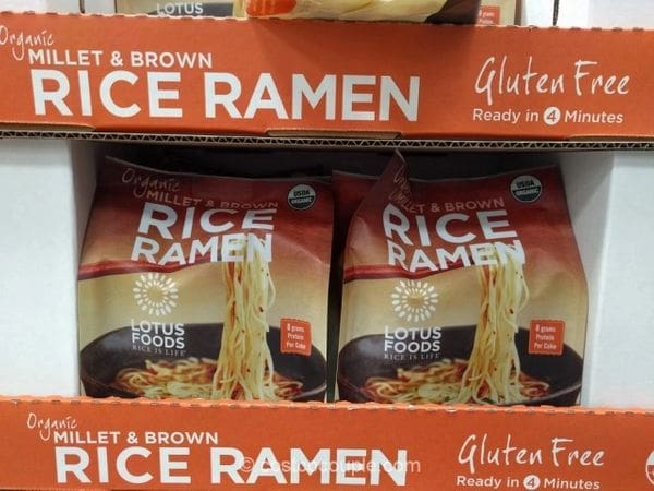 A display of rice ramen in a store.