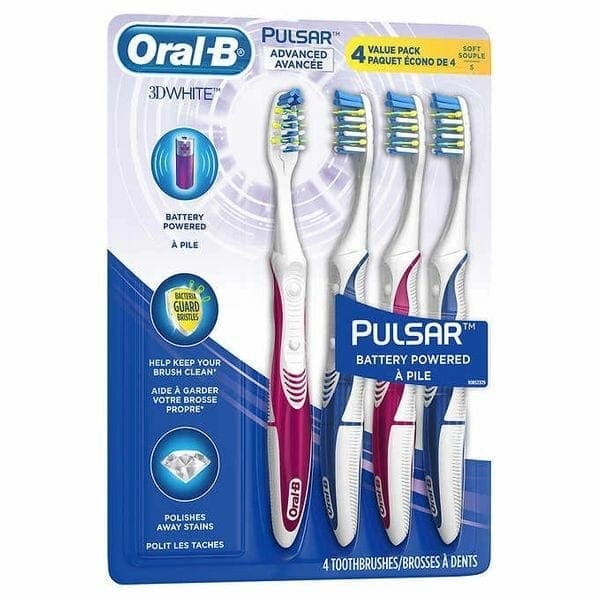 A package of four different colored toothbrushes.