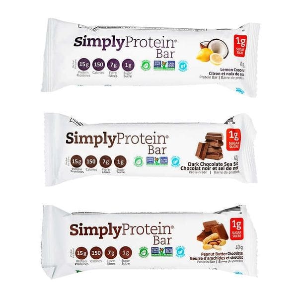 Three bars of simply protein bar are shown.