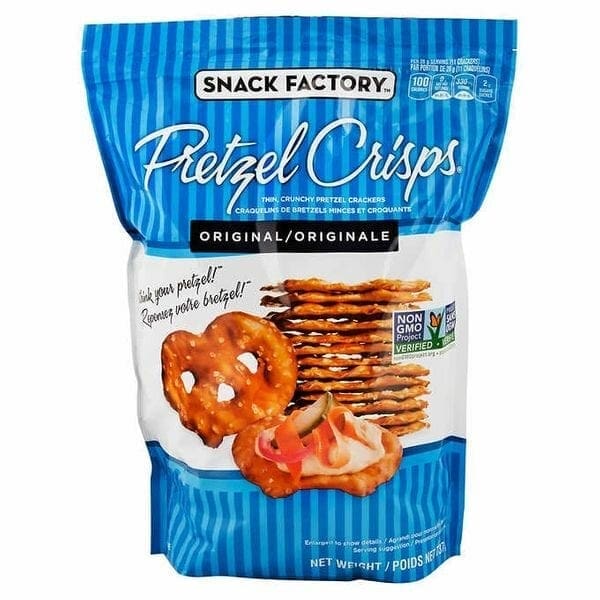 A bag of pretzel crisps is shown.