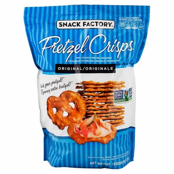 A bag of pretzel crisps is shown.