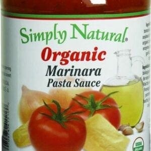 A jar of simply natural organic marinara pasta sauce.