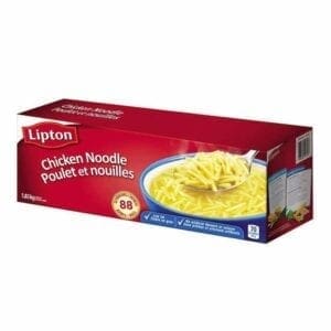 A box of chicken noodle soup with noodles.