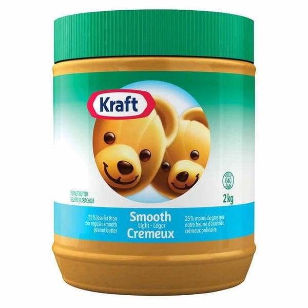A jar of peanut butter with two bears on it.
