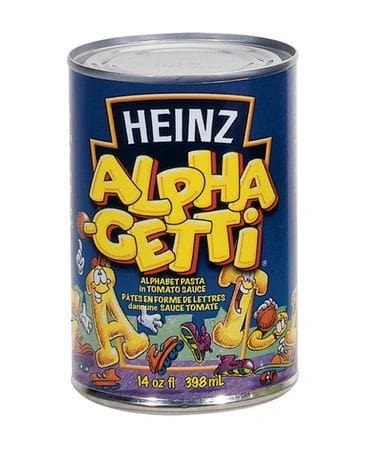 A can of heinz alpha getti is shown.