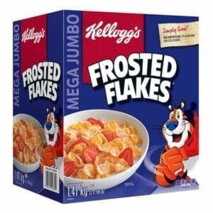 A box of frosted flakes cereal.
