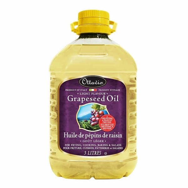A bottle of grapeseed oil is shown.