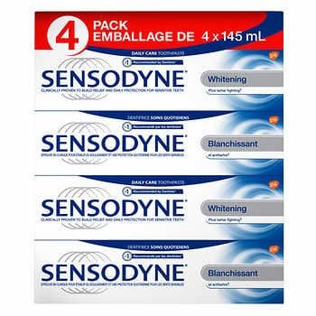 A pack of four tubes of sensodyne toothpaste.