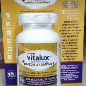 A bottle of vitamin supplement is shown on the package.