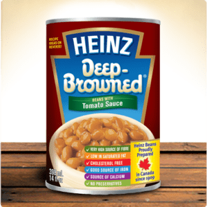 A can of heinz deep-browned baked beans.