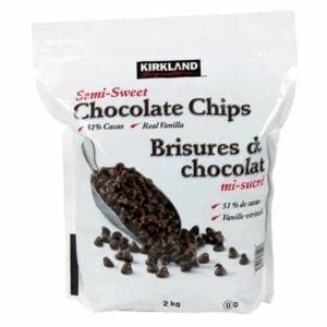 A bag of chocolate chips is shown.