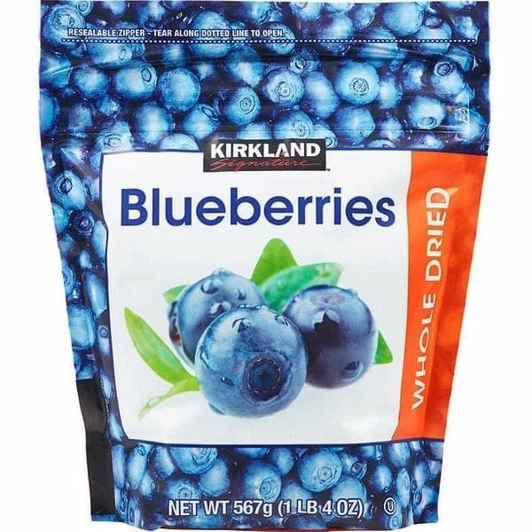 A bag of blueberries is shown on the side.