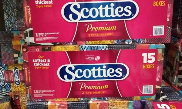 A stack of scotties premium 4 ply facial tissues.