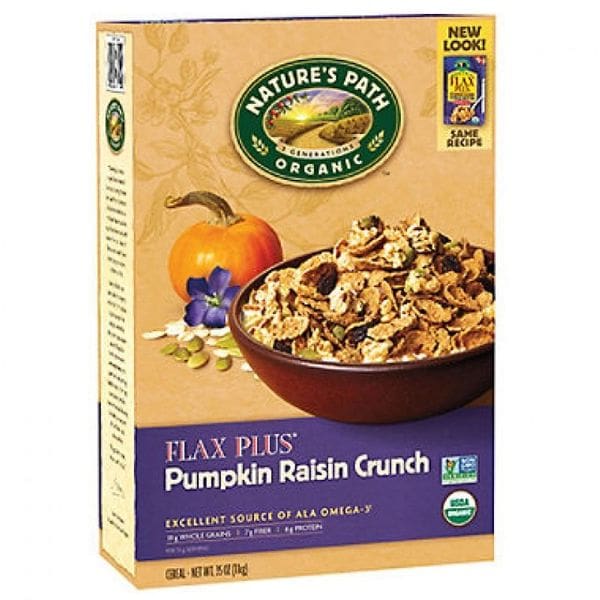 A box of cereal with pumpkin and raisin crunch.