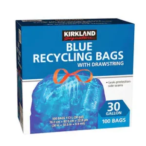 A box of blue bags with a string.