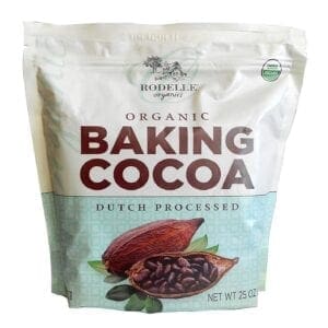 A bag of organic baking cocoa is shown.