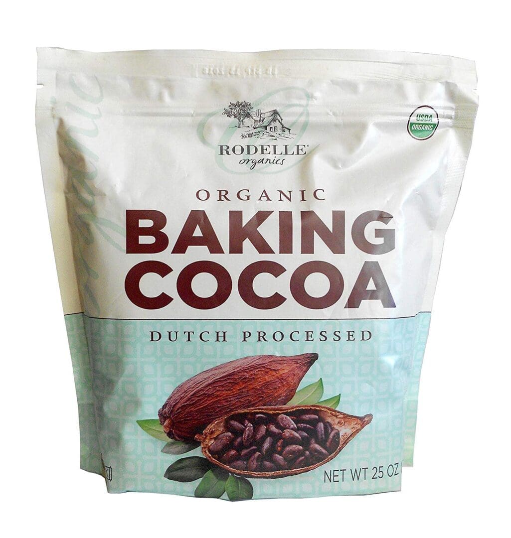 A bag of organic baking cocoa is shown.
