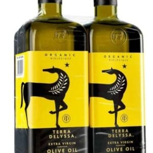Two bottles of extra virgin olive oil with a horse on the label.
