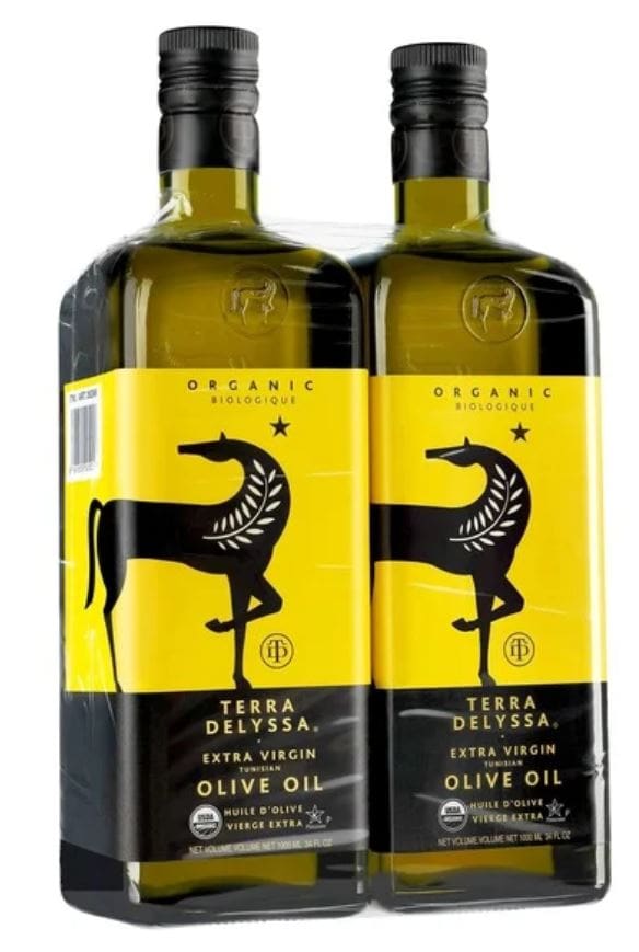 Two bottles of extra virgin olive oil with a horse on the label.