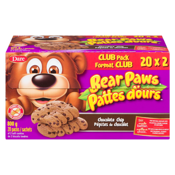 A box of cookies with the word " bear paws " written on it.