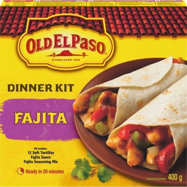 A box of old el paso dinner kit with tortilla wraps.
