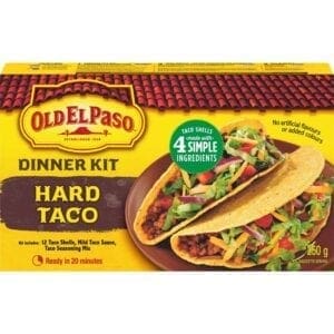 A box of taco dinner kit with four tacos.