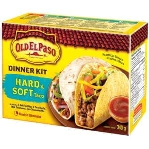 A box of taco dinner kit with hard and soft tacos.