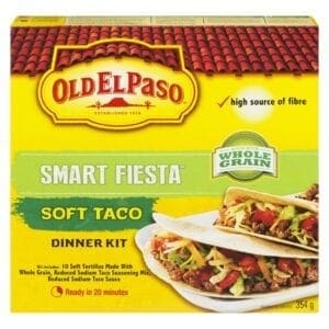 A box of taco dinner kit with tortilla shells.