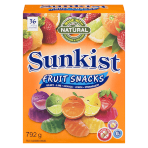 A box of fruit snacks with strawberries, oranges and bananas.