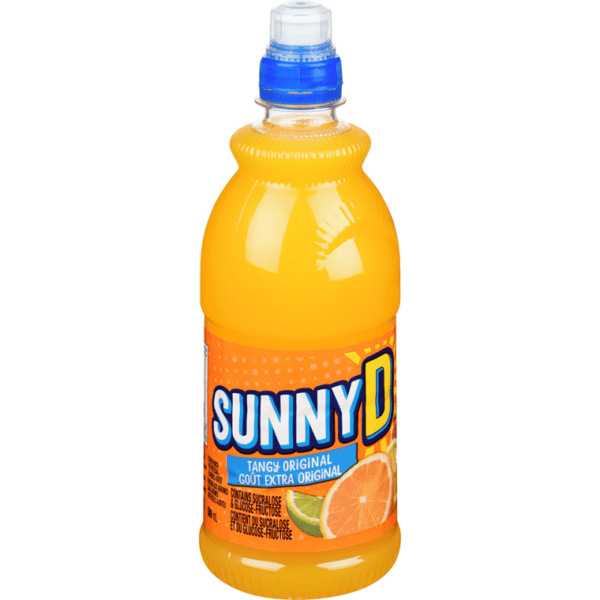 A bottle of orange juice with blue cap.