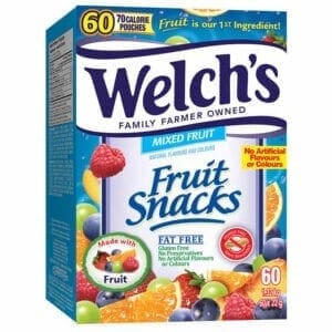A box of fruit snacks with various fruits.