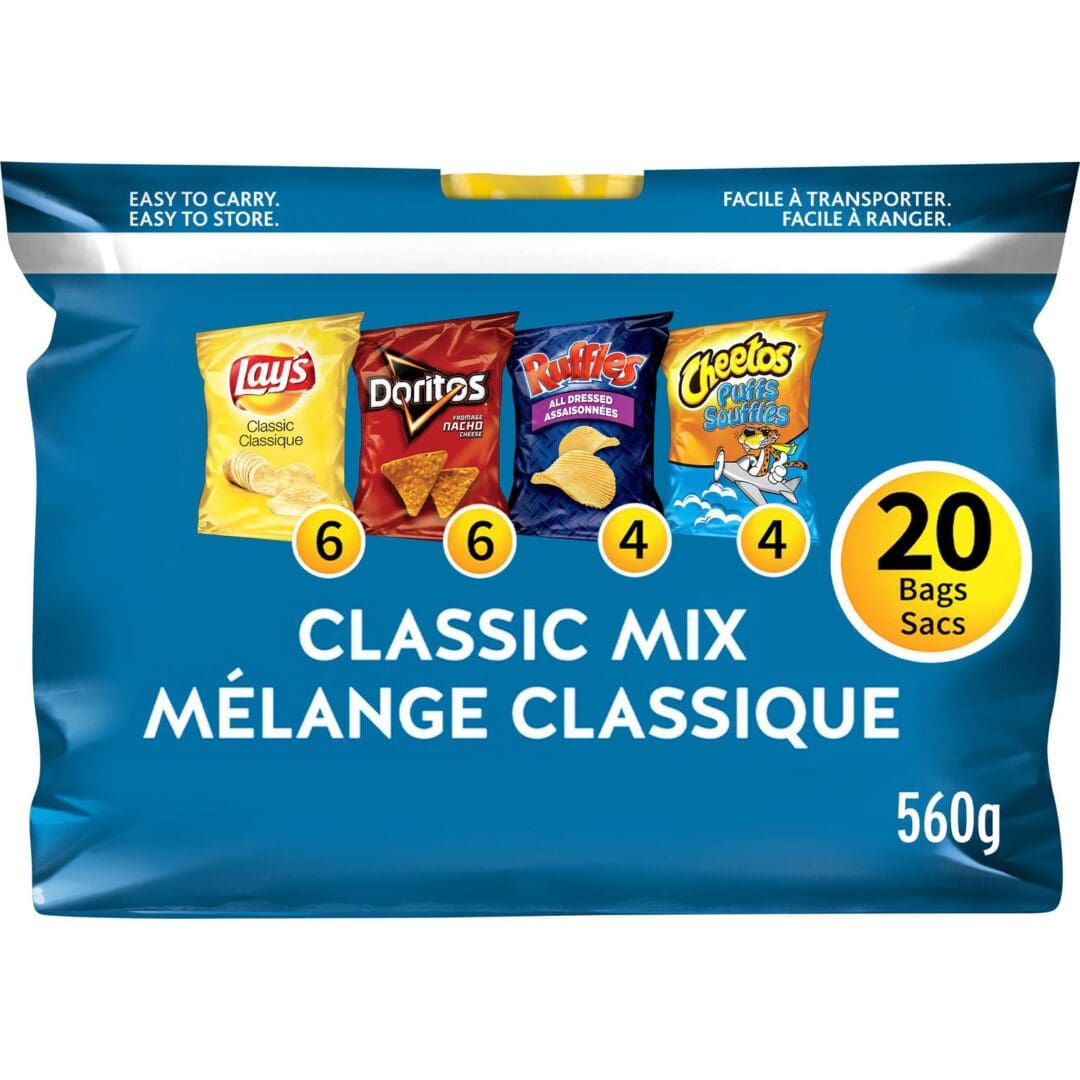 A bag of chips and crackers with different flavors.