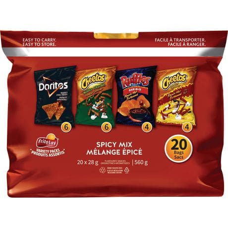 A package of various snacks on top of a red bag.