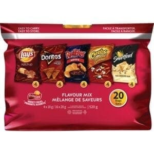 A bag of chips and crackers with different flavors.