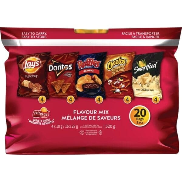 A bag of chips and crackers with different flavors.