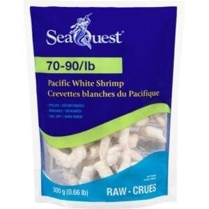 A bag of sea quest pacific white shrimp.