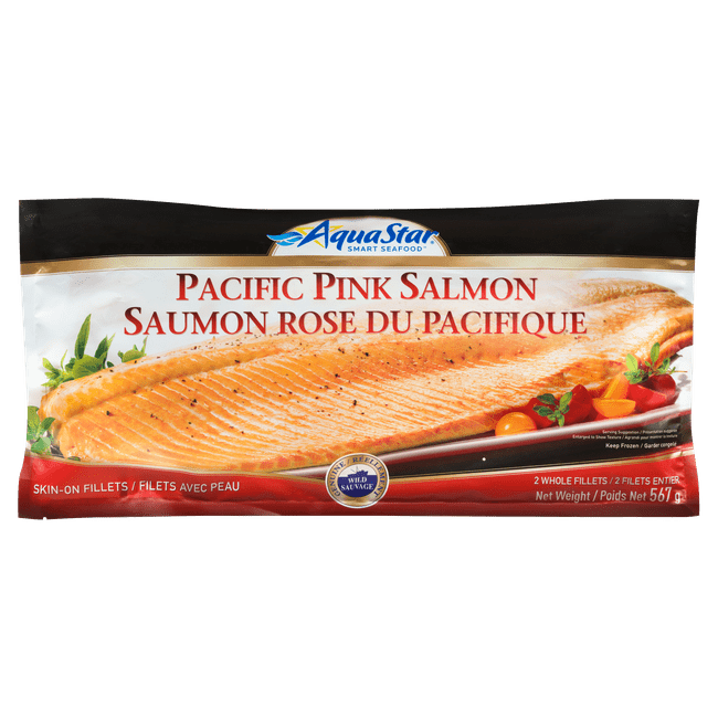 A package of salmon is shown.