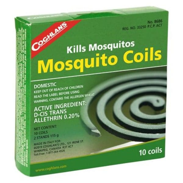 A box of Coghlan's Mosquito Coils kills mosquitoes.
