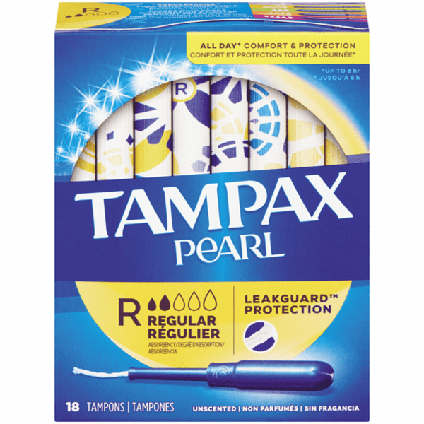 TAMPAX Unscented Regular Pearl Plastic Tampons in a box.
