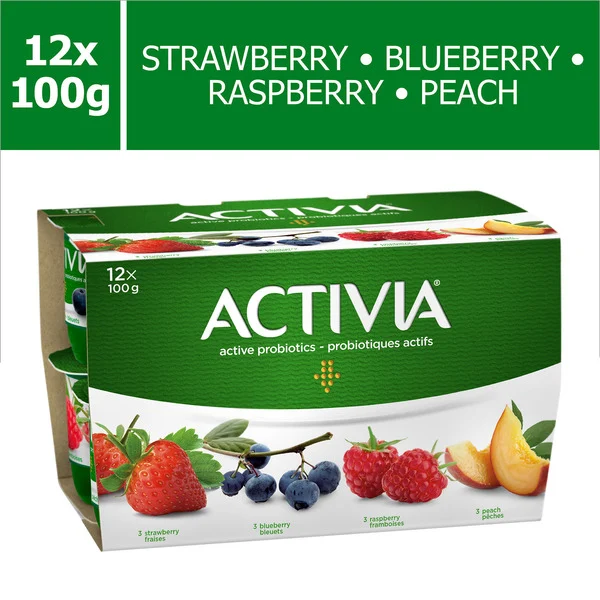 A box of Activia Probiotic Yogurt, Strawberry,Blueberry,Raspberry,Peach Flavour.