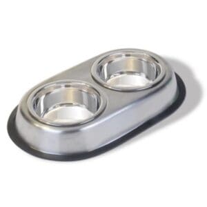 Two Van Ness 1.89 Liter Stainless Steel Double Diner Pet Bowls on a white background.