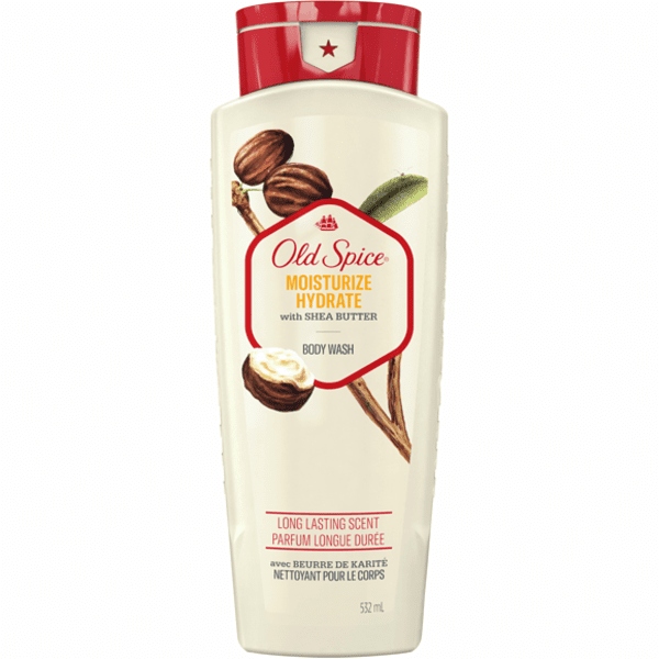 A bottle of Old Spice Shea Butter Body Wash with cinnamon and nuts.