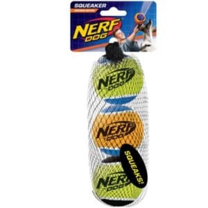 A package of Nerf 2.5" Medium Tennis Ball Dog Toy in a plastic bag.